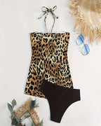 Tankini con scollo all'americana e schiena scoperta, linea ad A, stampa leopardata triangolare