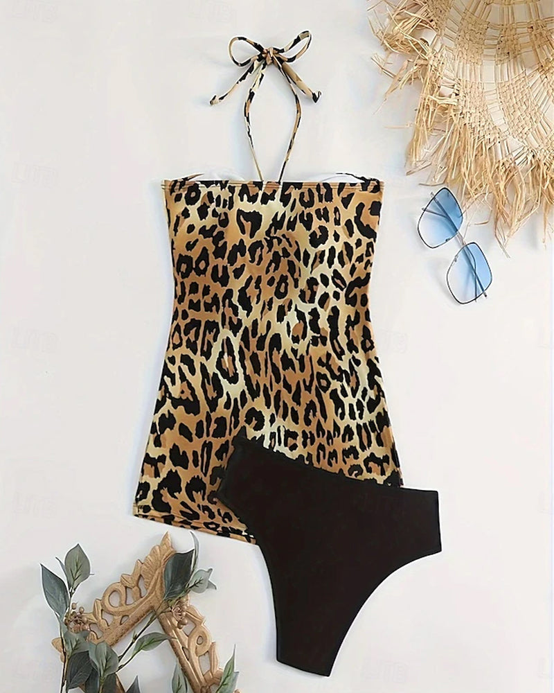 Tankini con scollo all'americana e schiena scoperta, linea ad A, stampa leopardata triangolare