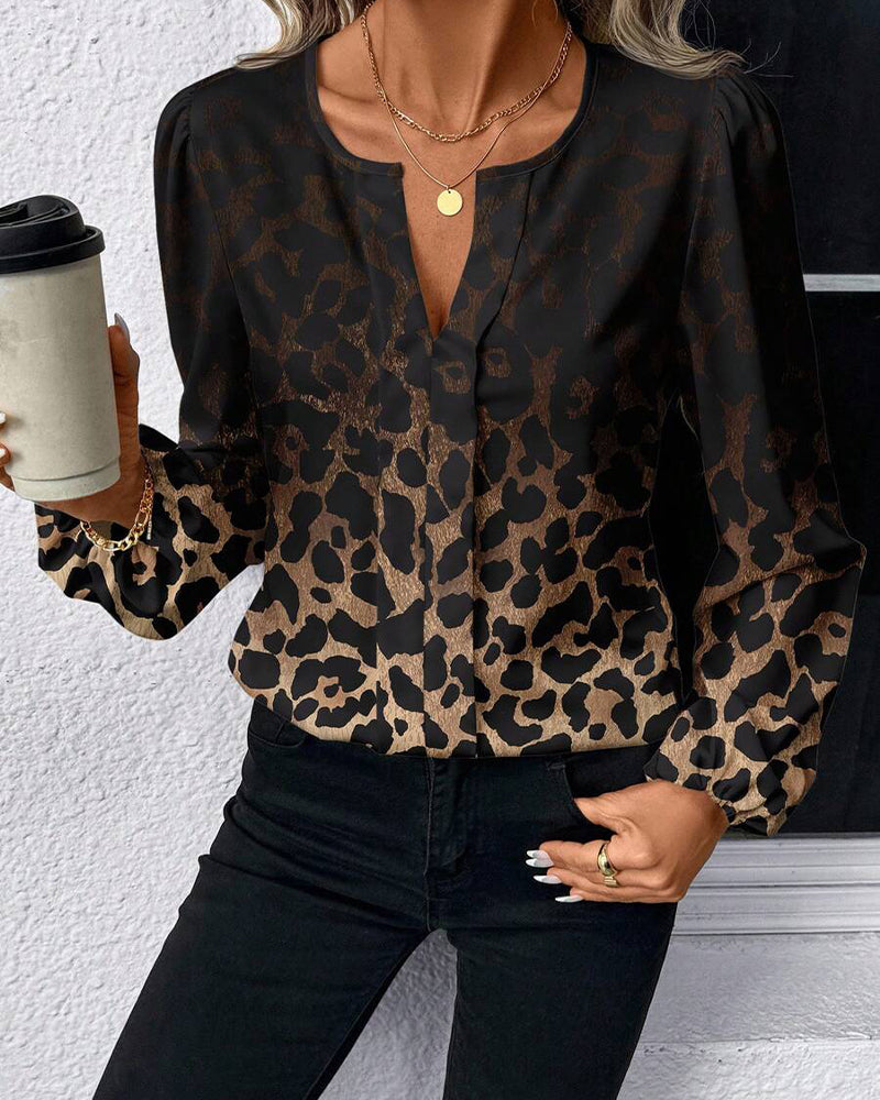 Camicia maniche a sbuffo sfumata stampa leopardata