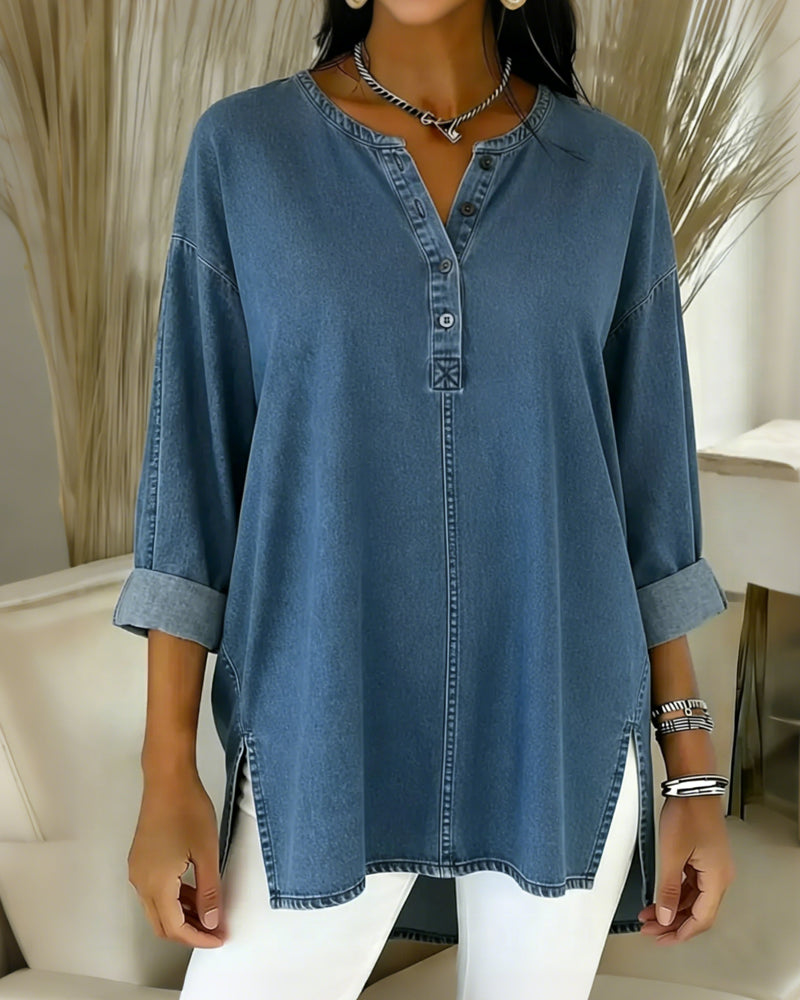 Camicia in denim con scollo a V e bottoni