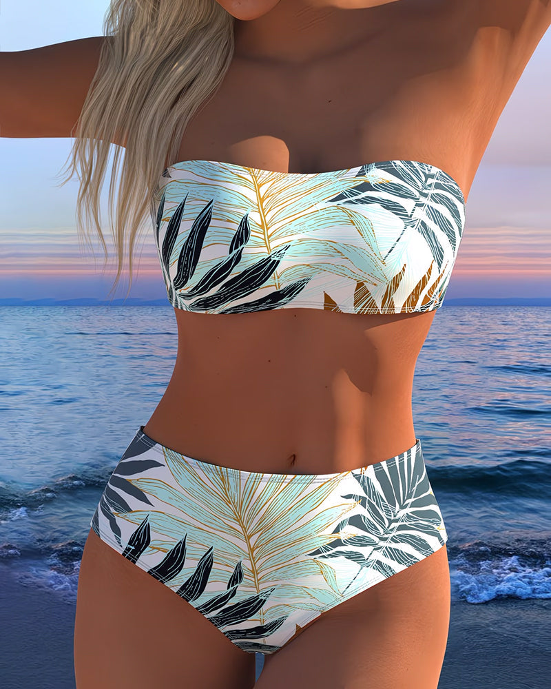 Bikini a fascia con stampa botanica tropicale