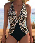 Costume da bagno intero scollato a V con stampa leopardata patchwork