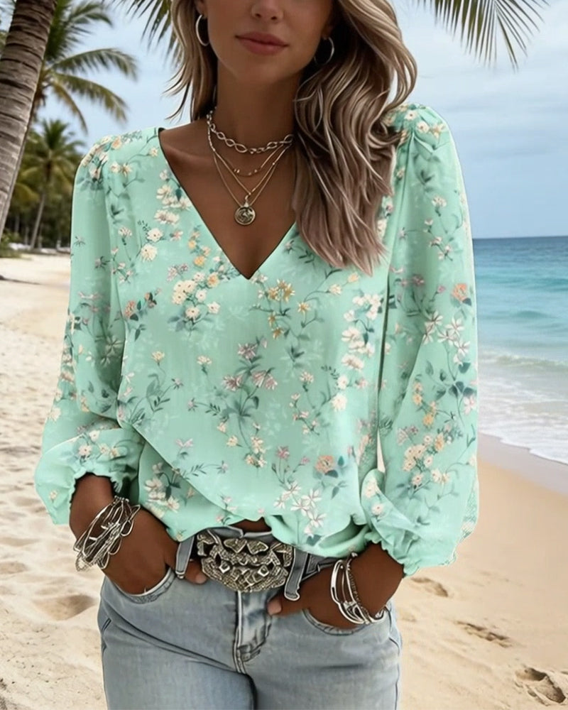 Blusa Floreale Scollo a V Maniche a sbuffo