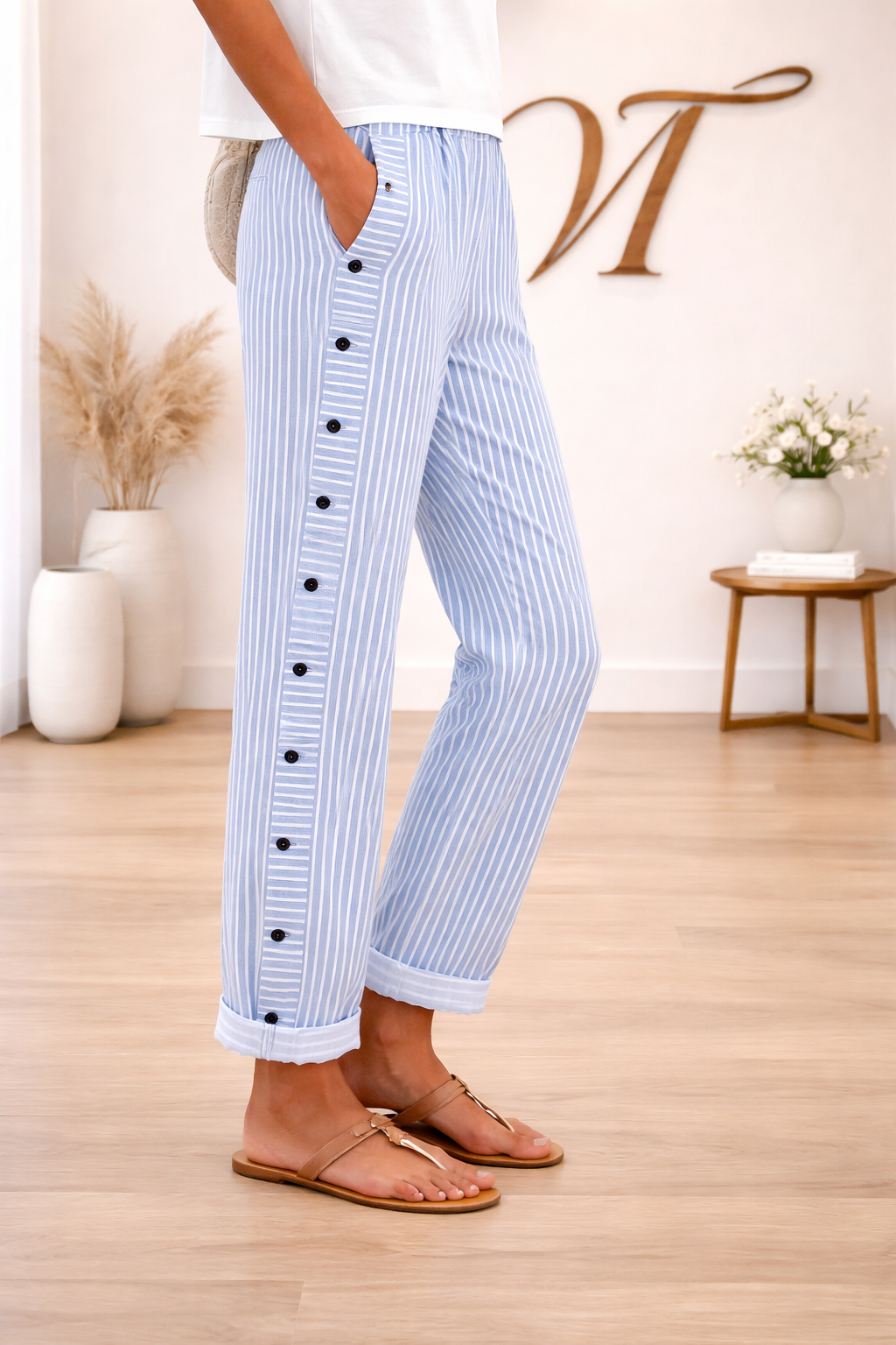 Pantaloni di lino a righe con tasche – freschi, comodi ed eleganti