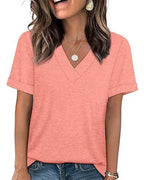 T-shirt a tinta unita con scollo a V casual a maniche corte