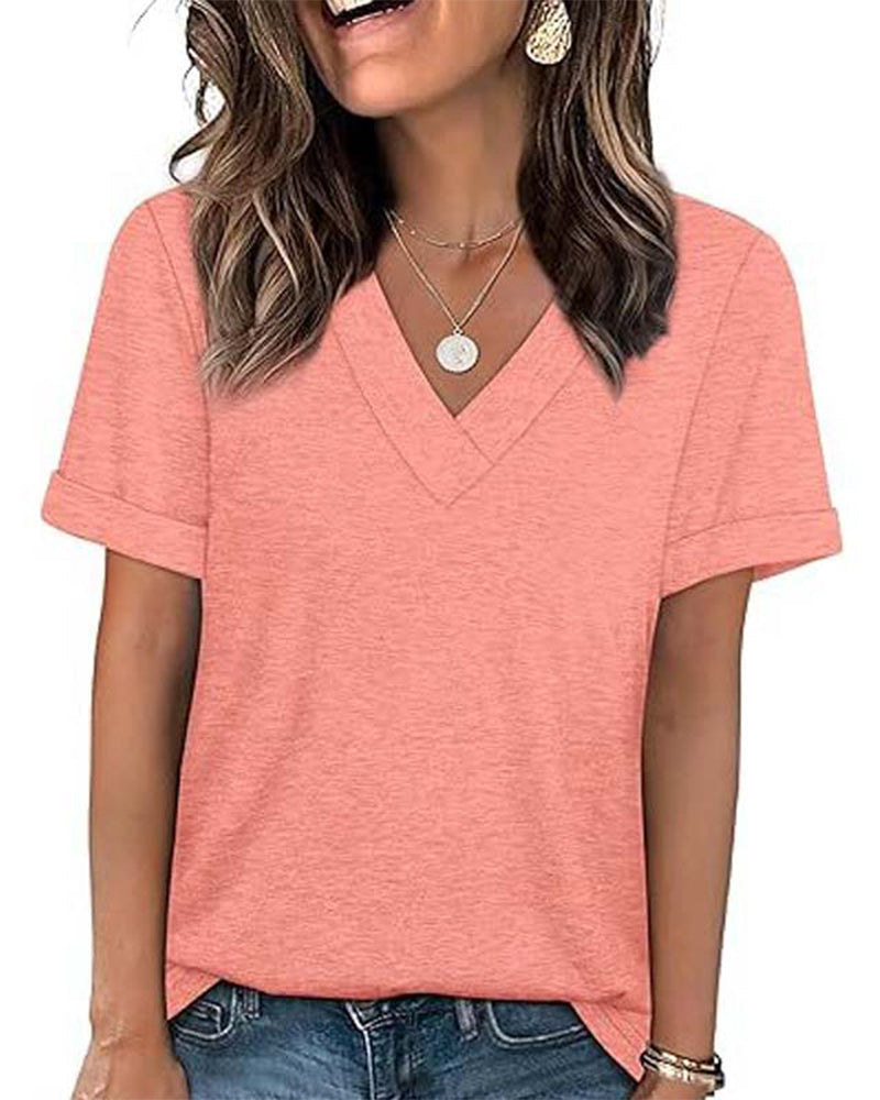 T-shirt a tinta unita con scollo a V casual a maniche corte