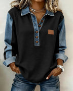 Elegante felpa con patchwork in denim a maniche lunghe