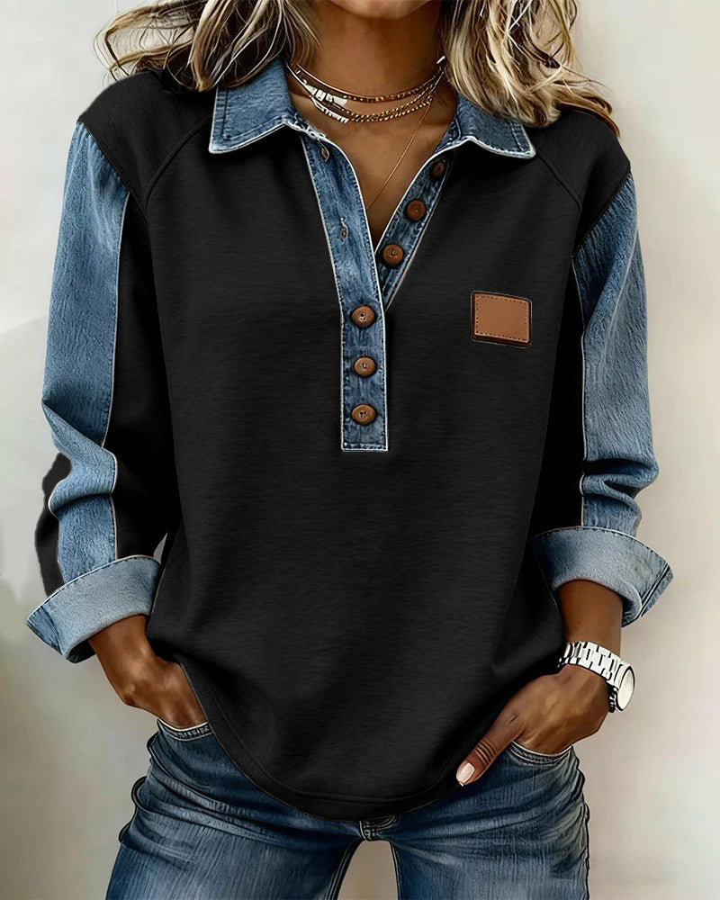 Elegante felpa con patchwork in denim a maniche lunghe