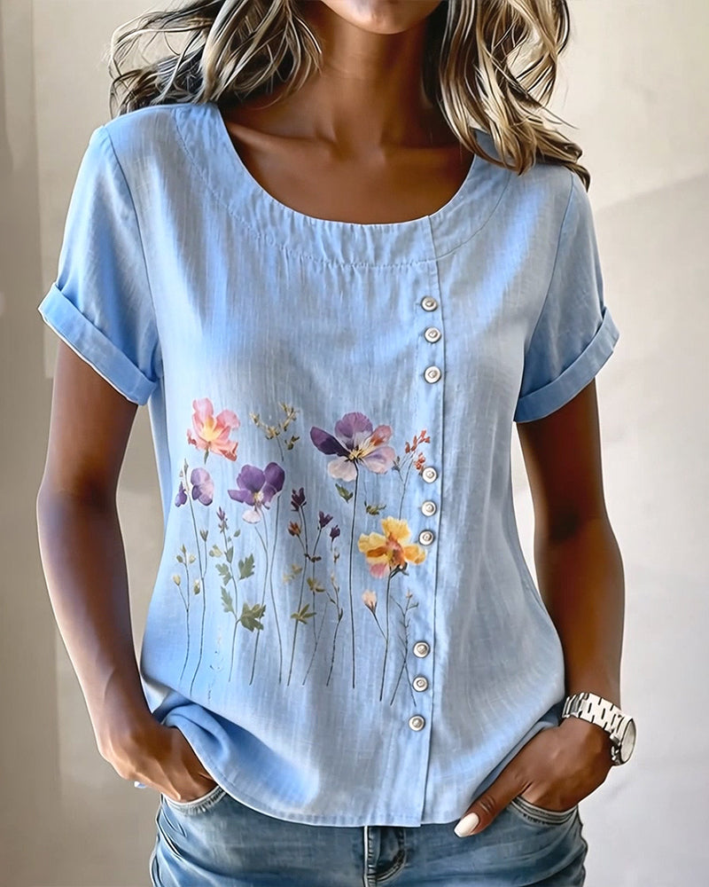 T-shirt floreale con stampa, girocollo, manica corta