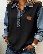 Elegante felpa con patchwork in denim a maniche lunghe