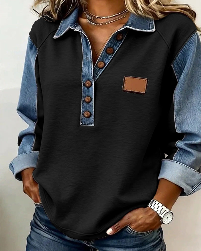 Elegante felpa con patchwork in denim a maniche lunghe