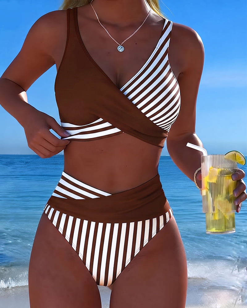 Bikini Incrociato a Righe Stampato