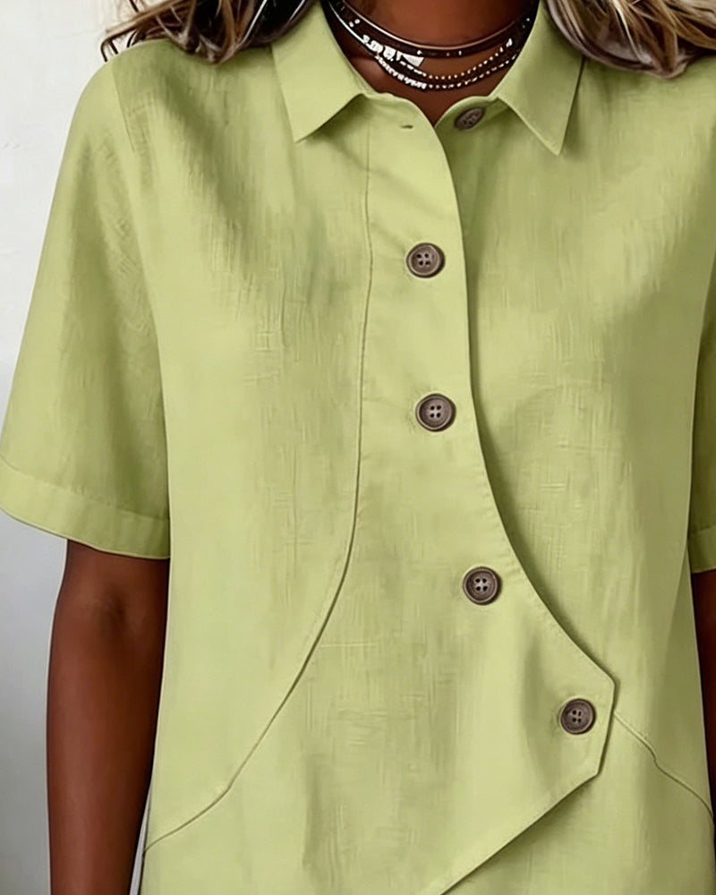 Camicia con Patta in Cotone-lino Asimmetrica abbottonata