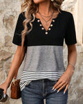 T-Shirt Casual A Righe Con Colore A Contrasto