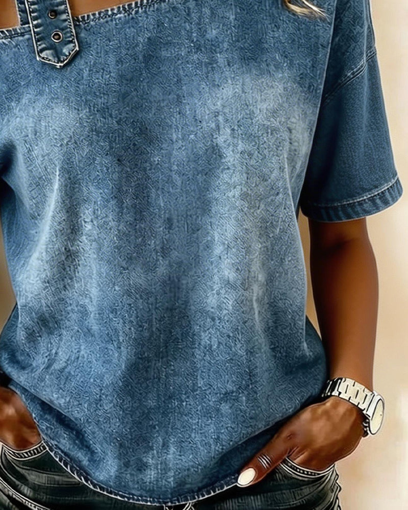 Top Monospalla Denim con Fibbia in Metallo