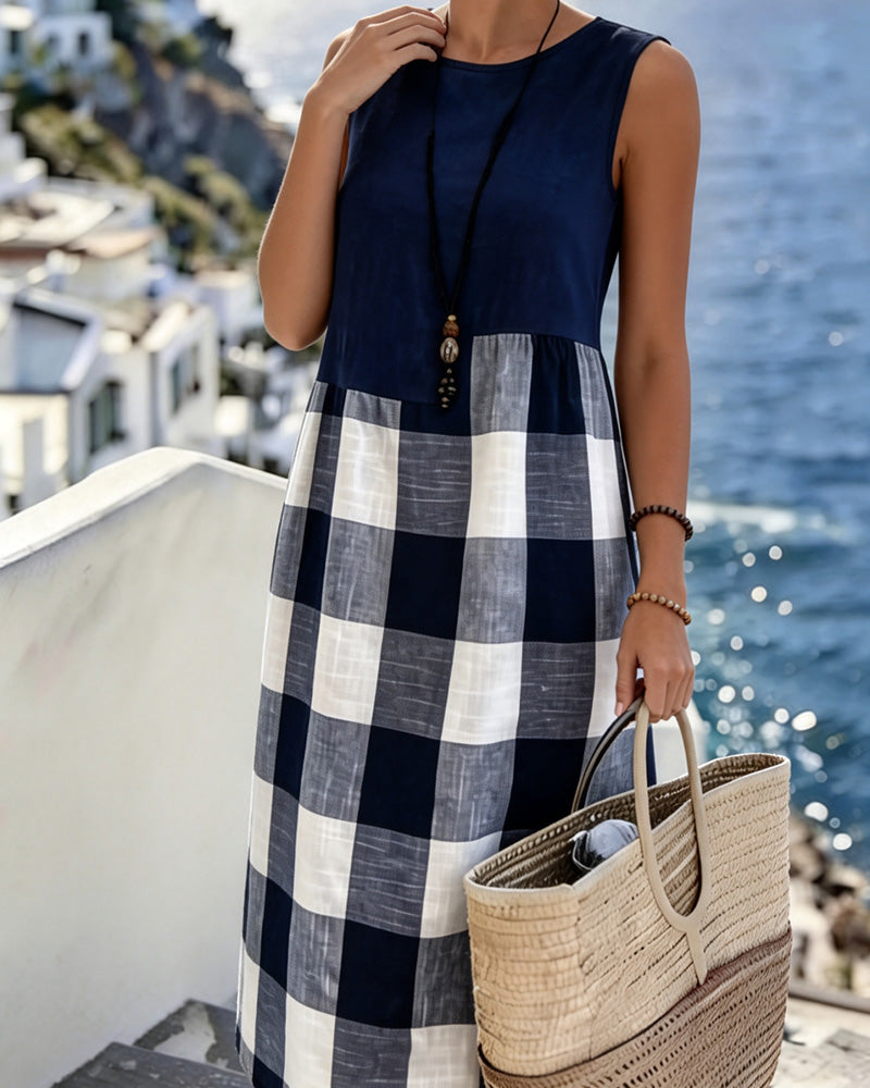 Vestito a Schiena Scoperta con Stampa Patchwork a Quadri Senza Maniche