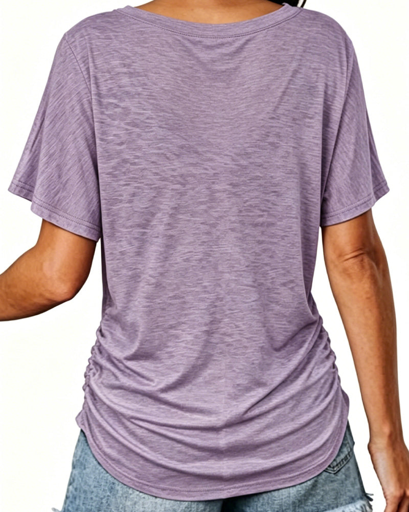 T-shirt Plissé Monocromatico con Scollo a V