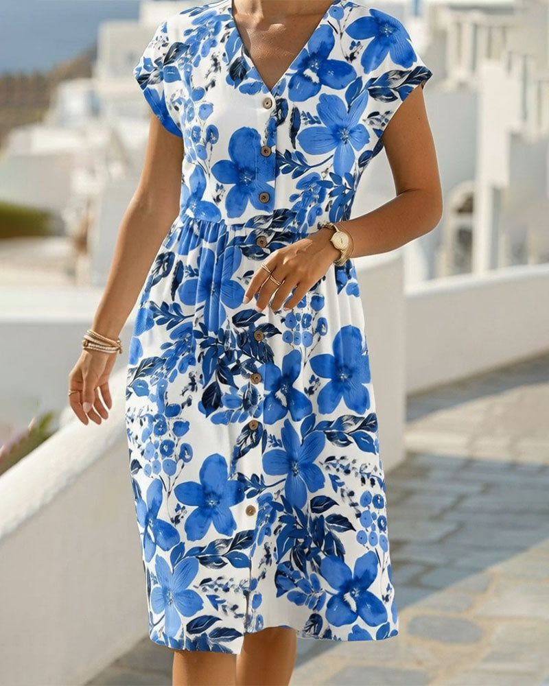 Vestito Stampa Floreale Scollo a V Maniche Corte