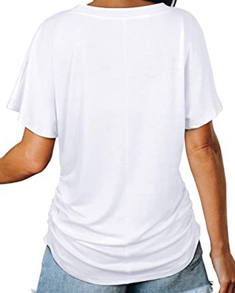 T-shirt Plissé Monocromatico con Scollo a V