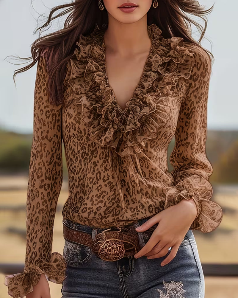 Camicetta con Volant con Scollo a V Stampa Leopardo