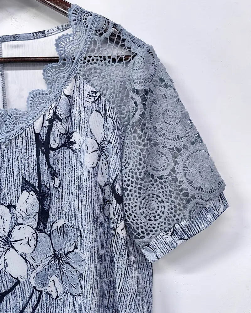 T-shirt Pizzo Uncinetto Patchwork Stampato