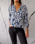 Blusa casual abbottonata con stampa a foglie, scollo a V e maniche a tre quarti