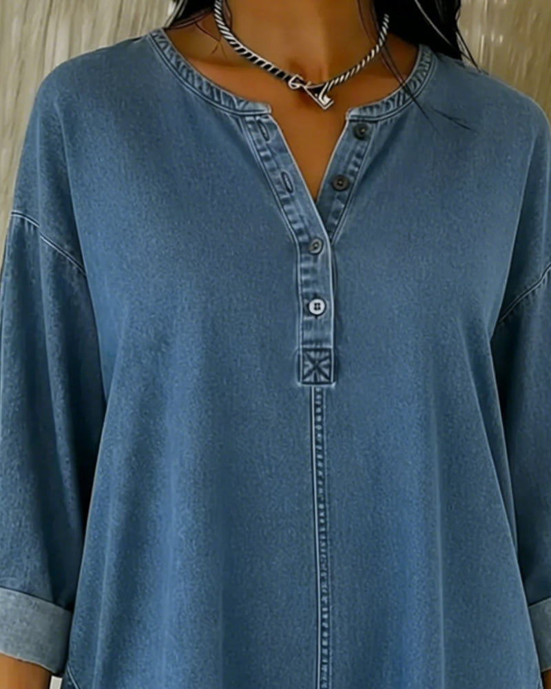 Camicia in denim con scollo a V e bottoni