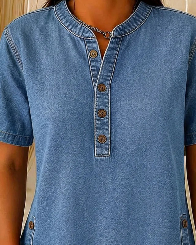 Top Denim Abottonato Davanti a Maniche Corte