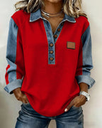 Elegante felpa con patchwork in denim a maniche lunghe