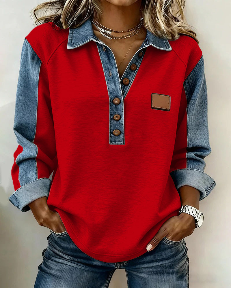 Elegante felpa con patchwork in denim a maniche lunghe