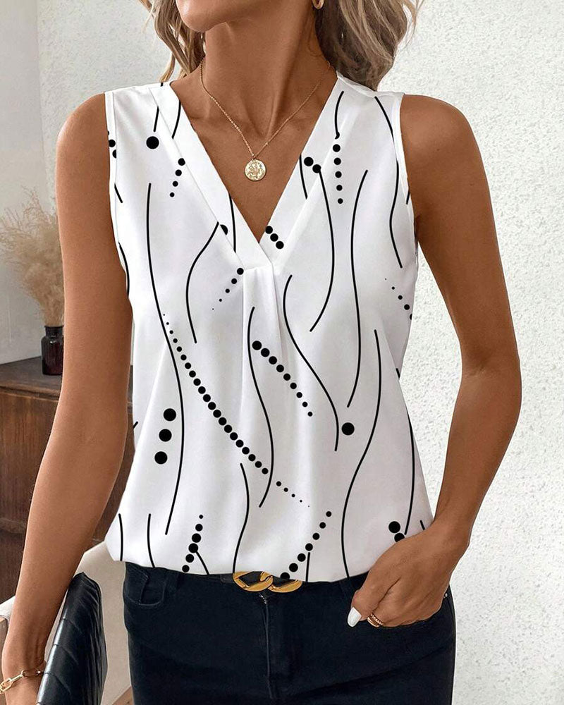 Gilet Scollo a V Senza Maniche Plissettato Stampato