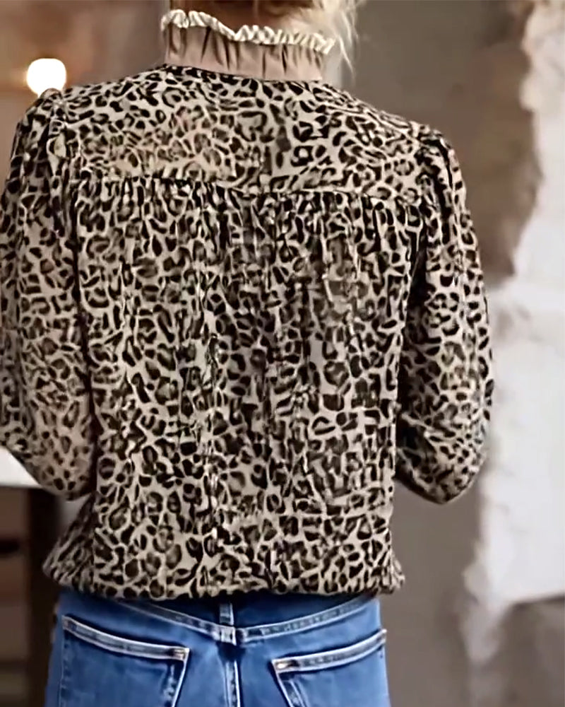 Camicetta casual a maniche lunghe con stampa leopardata