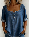 Camicia con Colletto Quadrato in Denim a Mezza Manica