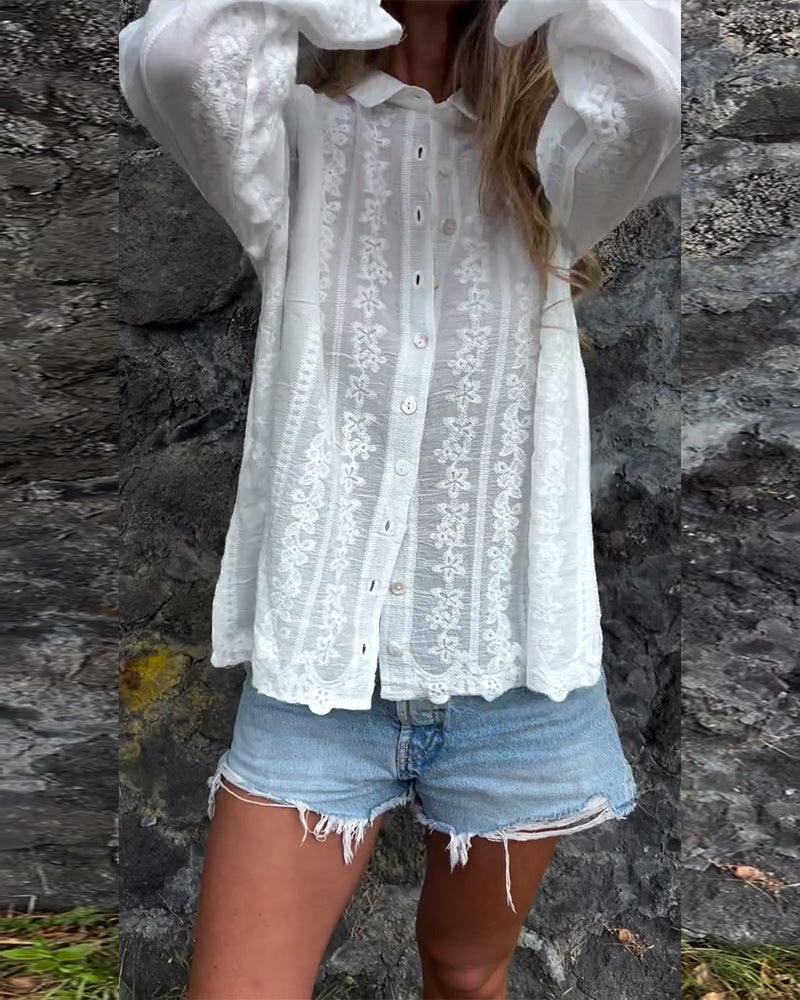 Camicia Ricamata Traforata Collo Polo Casual