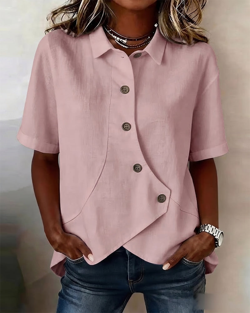 Camicia con Patta in Cotone-lino Asimmetrica abbottonata