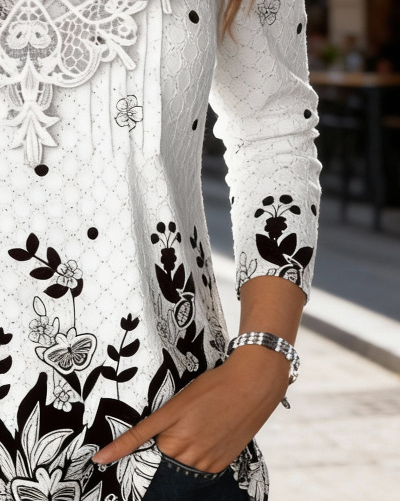 Top a Maniche Lunghe Stampa Patchwork
