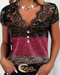 T-Shirt Scollo a V in Pizzo Patchwork a Contrasto di Colore