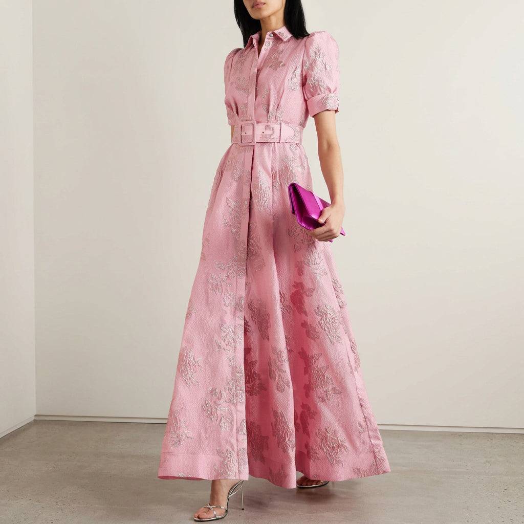 Matilde - Abito Lungo in Jacquard Floreale con Cintura