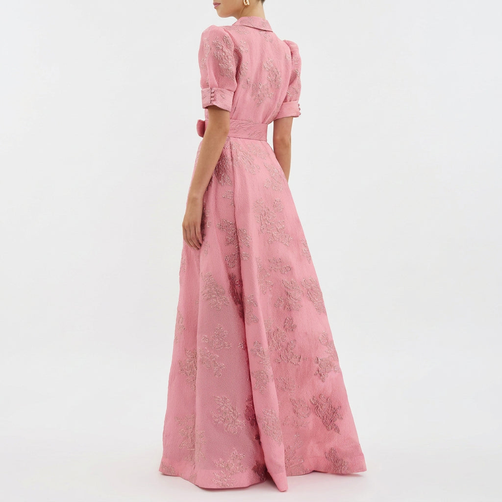Matilde - Abito Lungo in Jacquard Floreale con Cintura