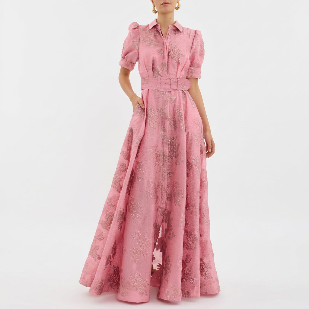 Matilde - Abito Lungo in Jacquard Floreale con Cintura