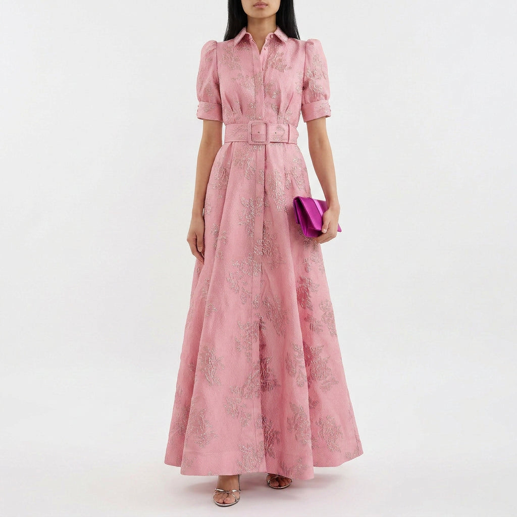 Matilde - Abito Lungo in Jacquard Floreale con Cintura