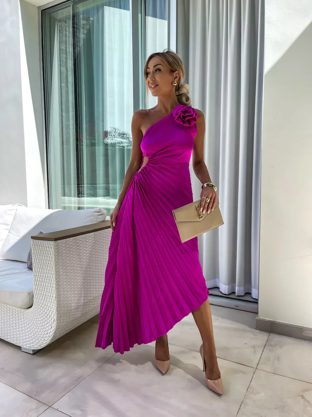 Eya™ | Elegante Abito Lungo Monospalla Floreale