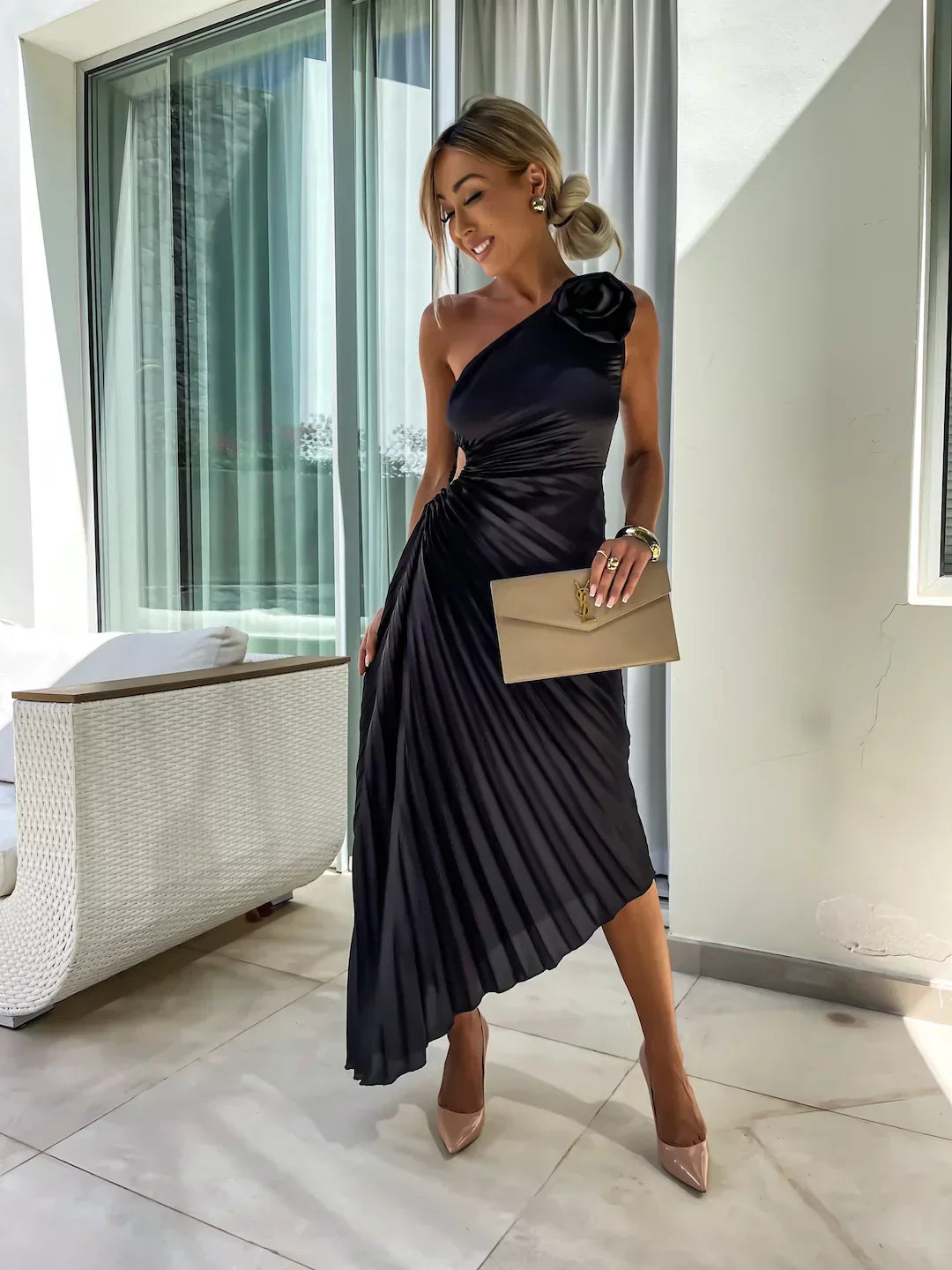 Eya™ | Elegante Abito Lungo Monospalla Floreale