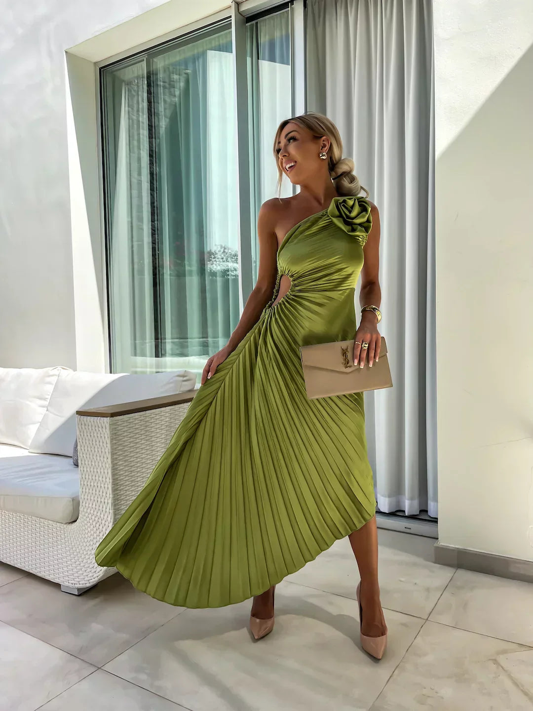 Eya™ | Elegante Abito Lungo Monospalla Floreale