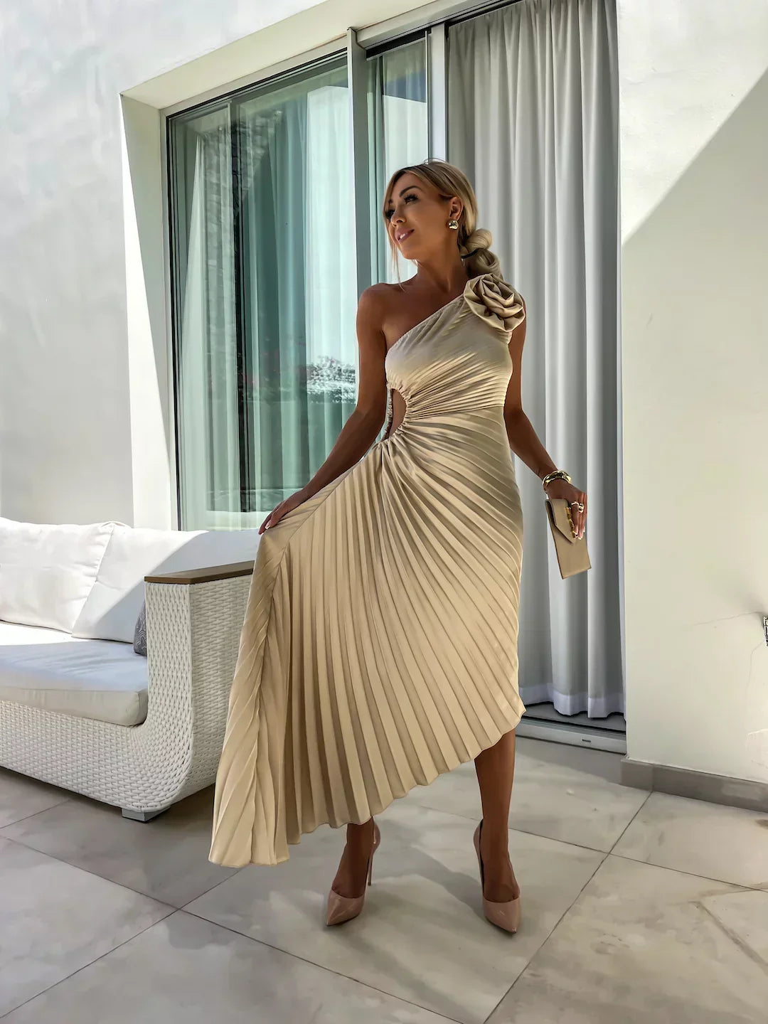 Eya™ | Elegante Abito Lungo Monospalla Floreale