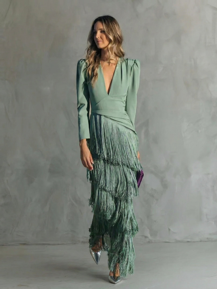 Alessia - Elegante vestito midi con maniche a frange