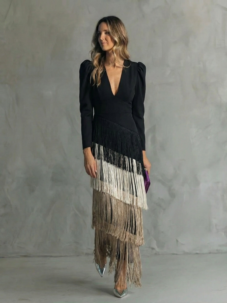 Alessia - Elegante vestito midi con maniche a frange