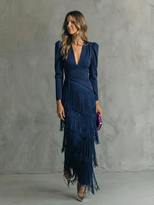 Alessia - Elegante vestito midi con maniche a frange