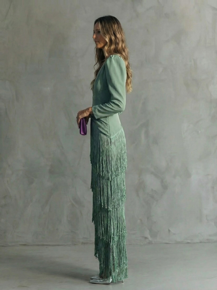 Alessia - Elegante vestito midi con maniche a frange