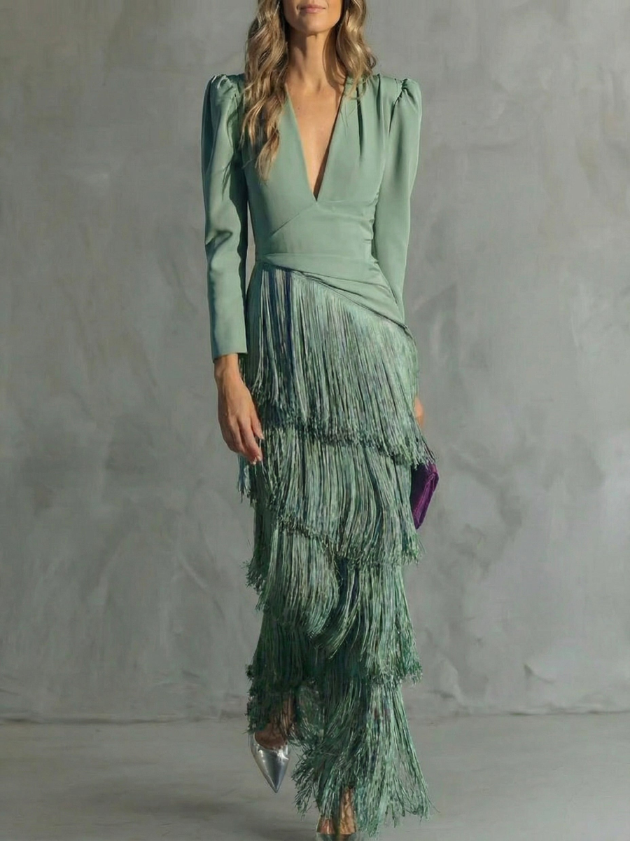 Alessia - Elegante vestito midi con maniche a frange